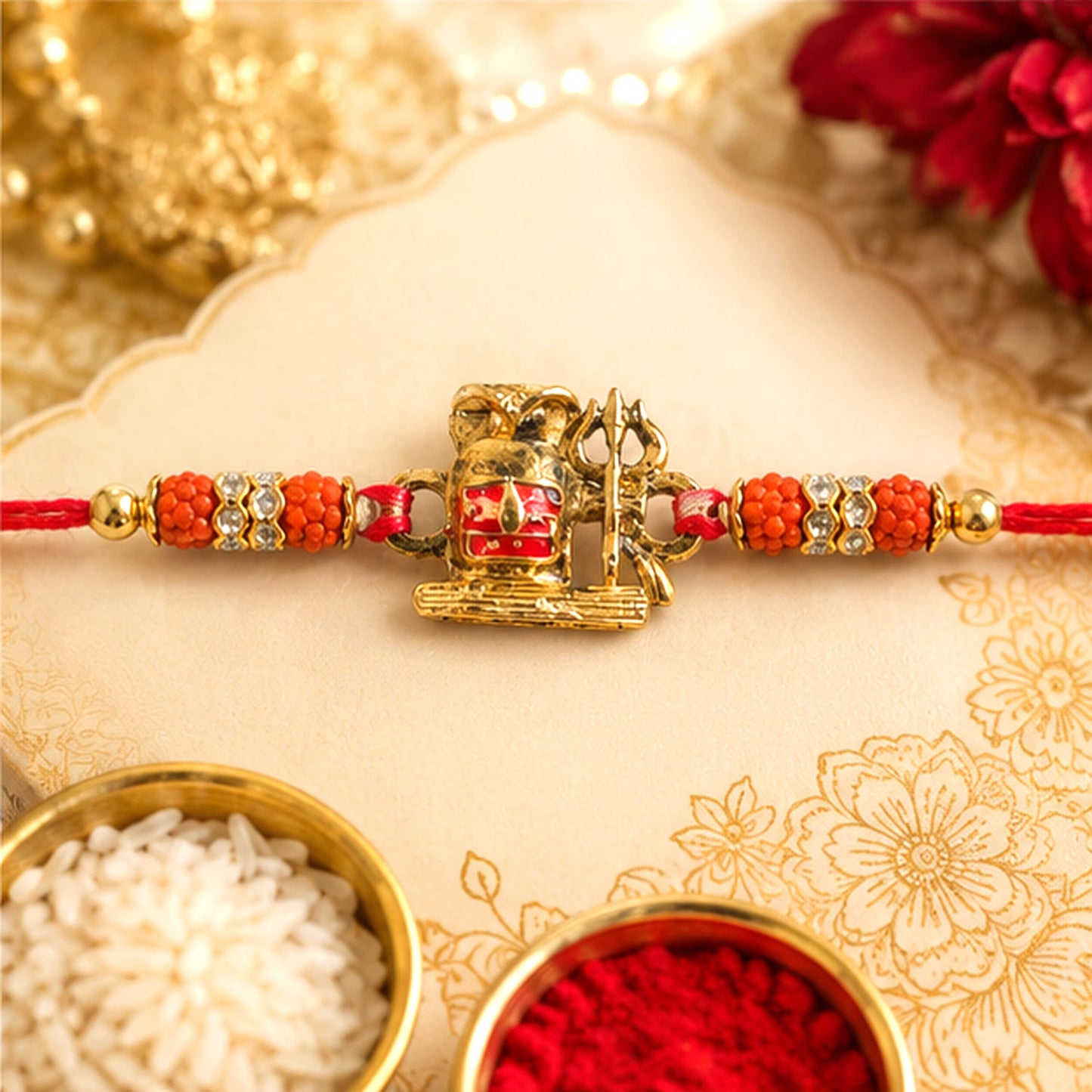 Shivling Trishul Devotional Rakhi with Golden Lord Shiva Centre and Orange Beads