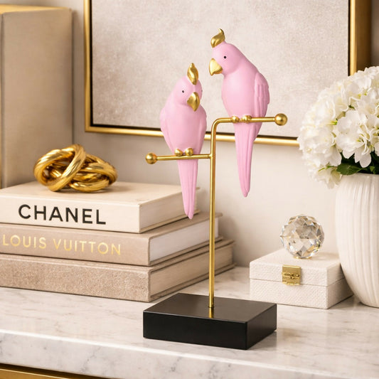 Pink Love Birds Decorative poly-resin Showpiece with Gold Stand for Home Décor
