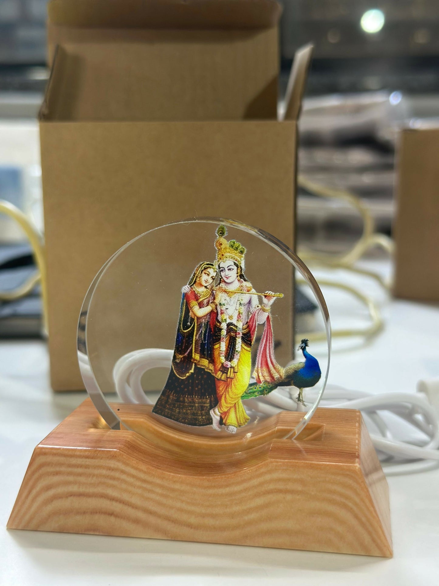 Radha Krishna Acrylic LED Lamp with Wooden Base | Night Light for Home Temple