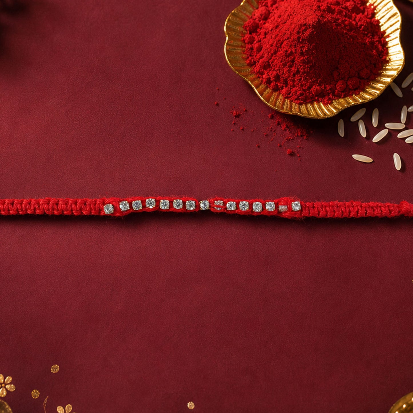 Red Thread Rakhi with a Row of Sparkling Crystal Rhinestone Beads