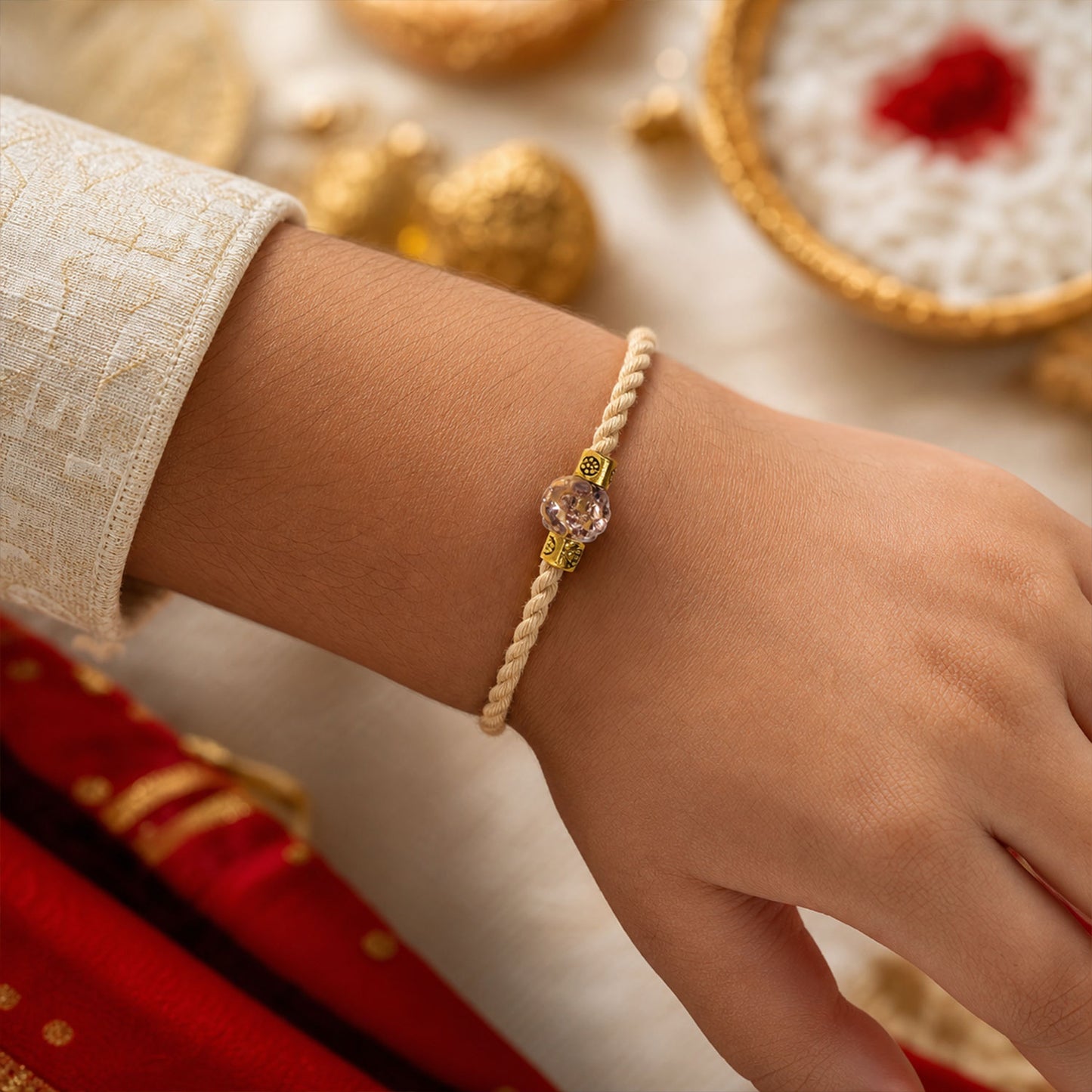 Cream Cord Rakhi with a Sparkling Floral Crystal Stone Pendant