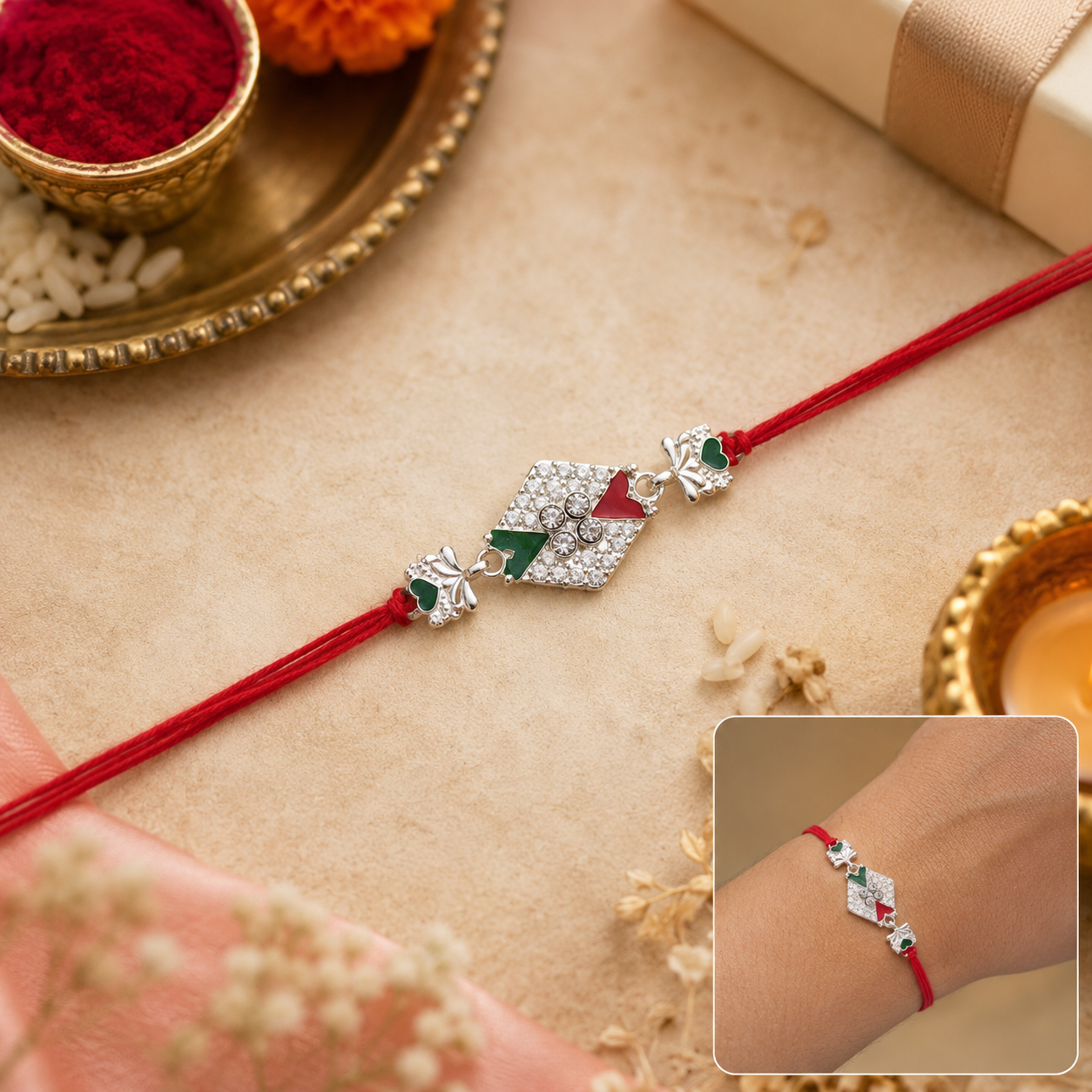 Silver Diamond Rakhi with Red Green Stones and Elephant Charms