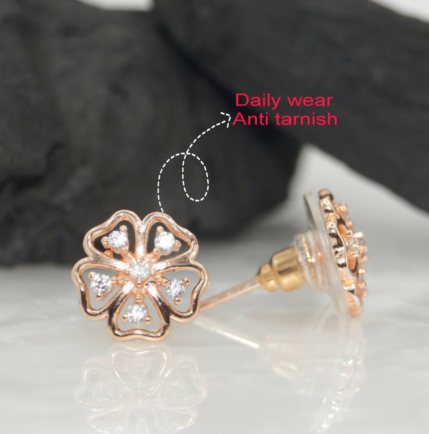 Rose Gold Plated Floral Stud Earrings with AD for women and girls