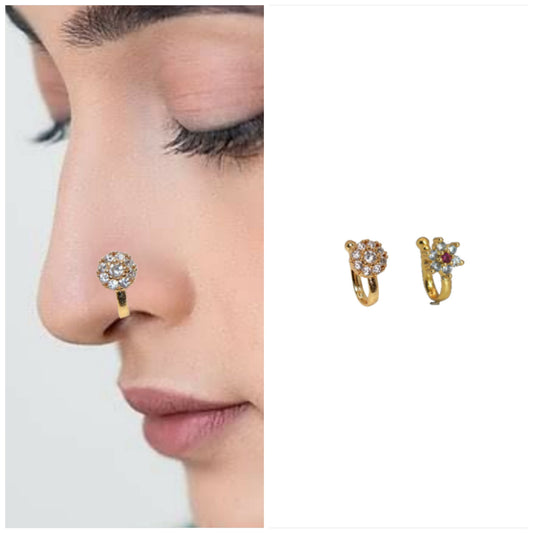 Non-Pierced CZ Nath Set (Clip-On): Gold, Silver, Rose Gold Combo Pack of 2