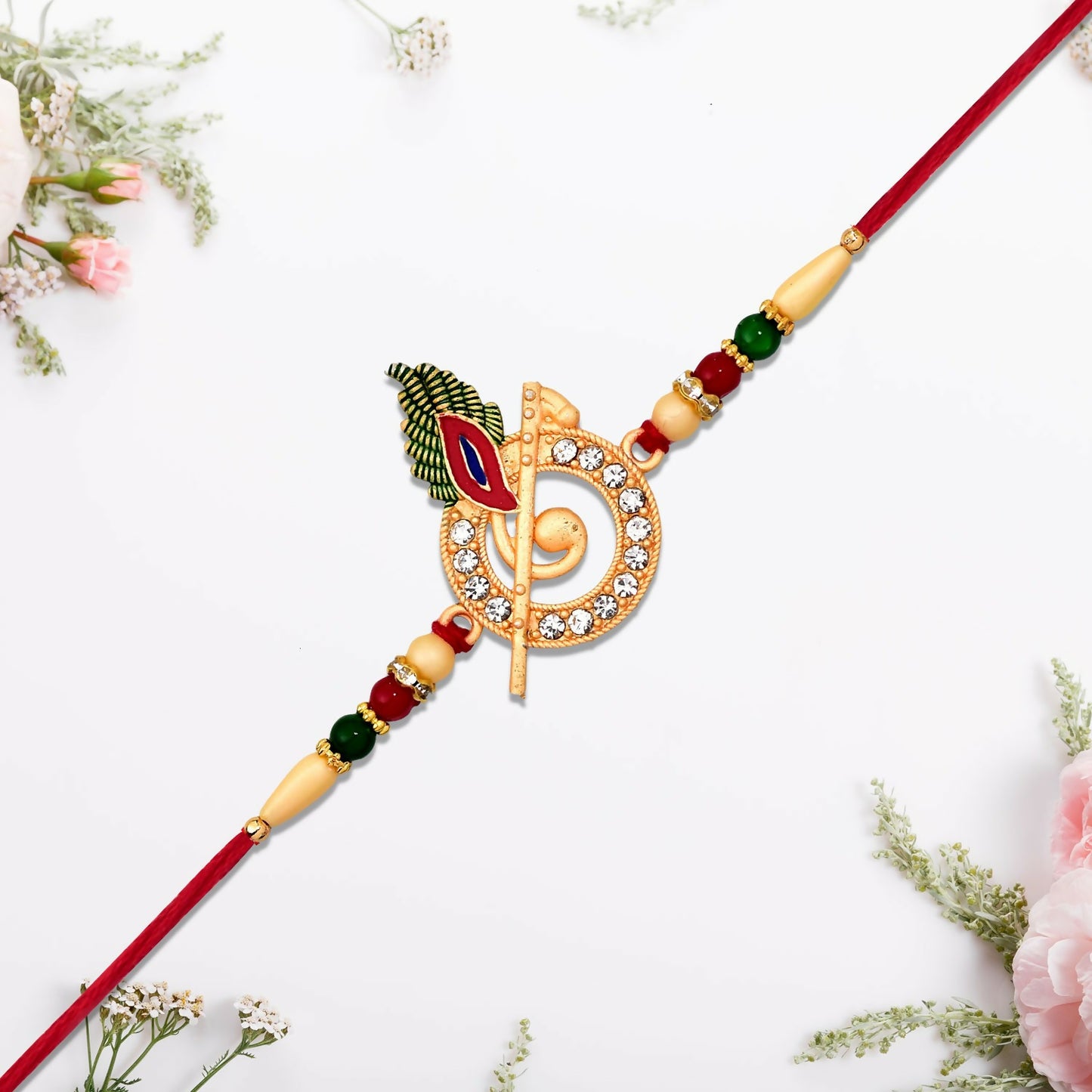 Close-up of golden Rakhi showing detailed craftsmanship perfect for Raksha Bandhan