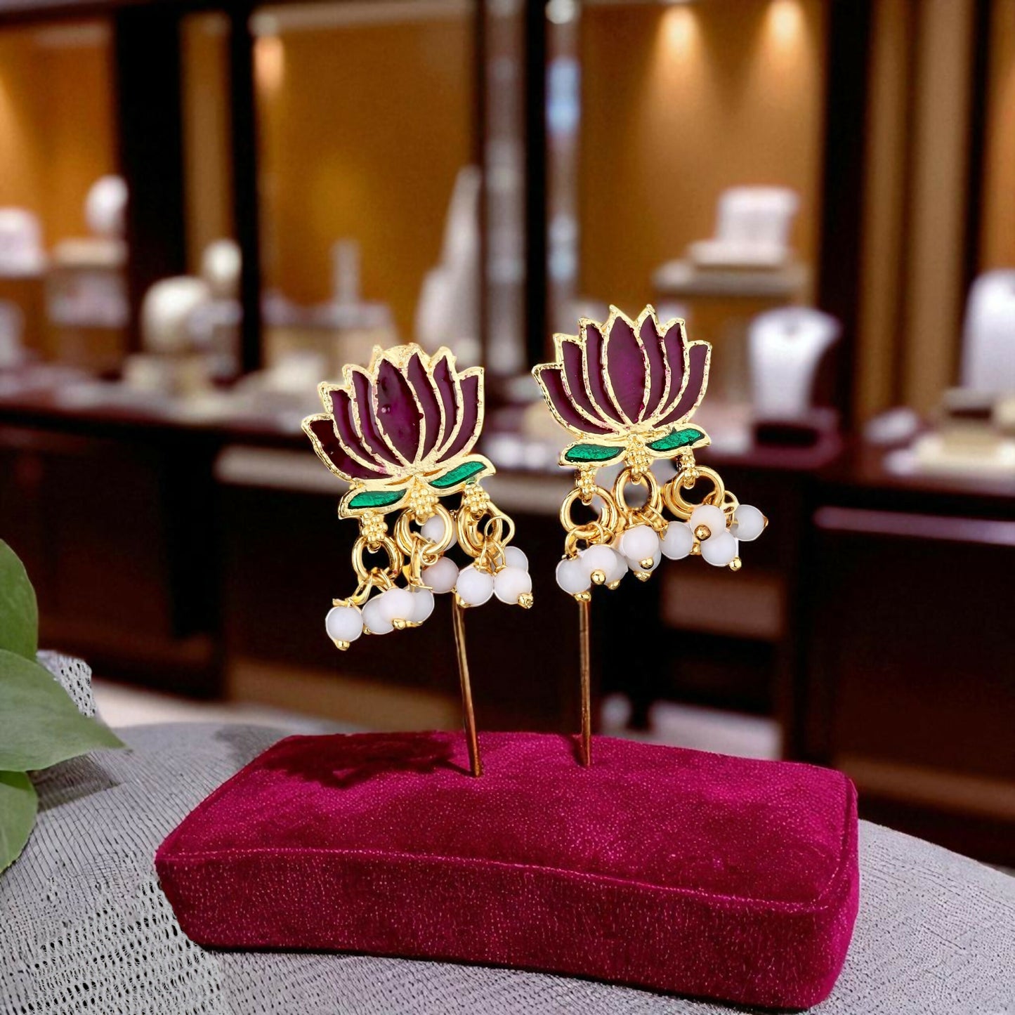 Gold Necklace with Purple Green Lotus & White Beads Pendant for Women Stylish Jewelry