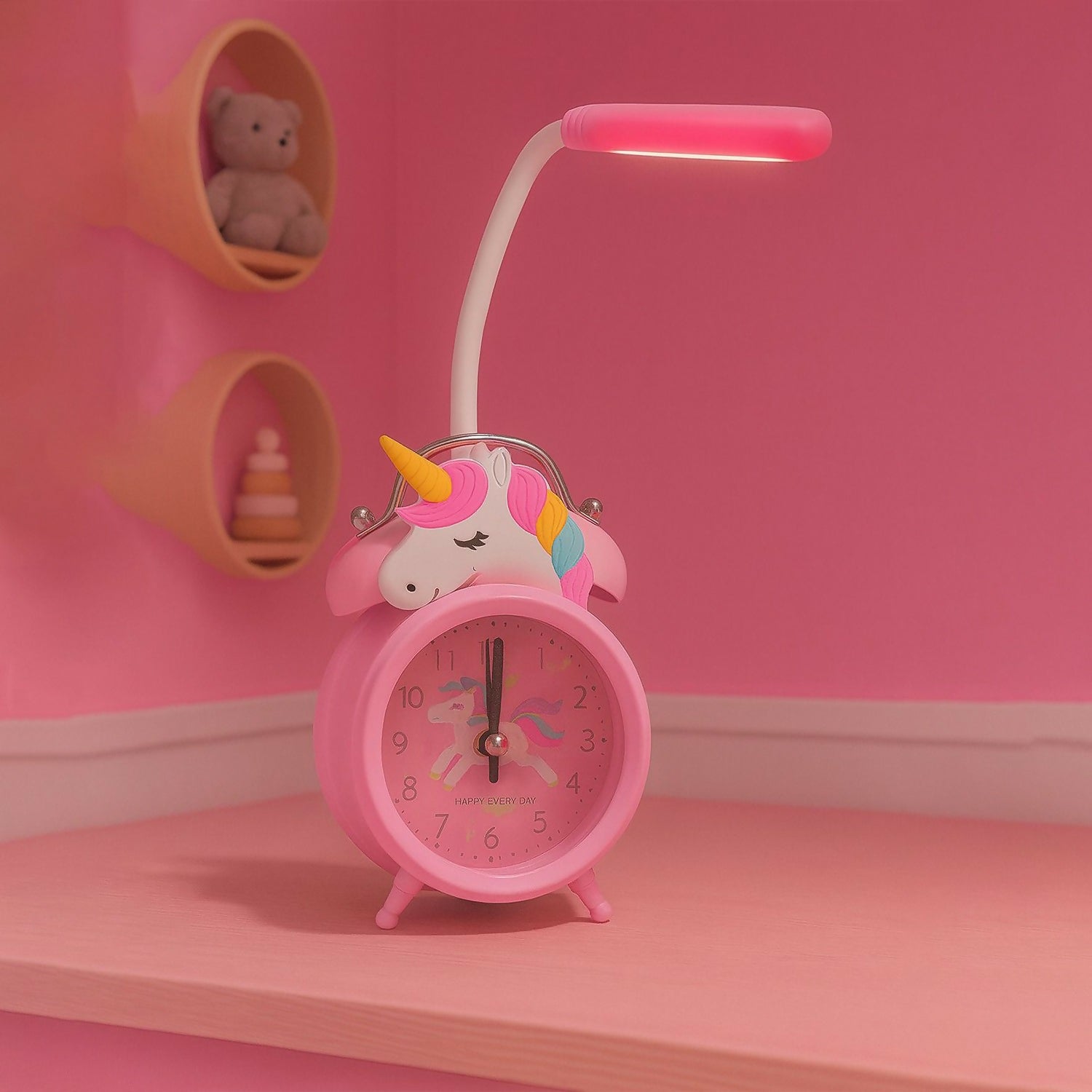 Cute Unicorn Kids Alarm Clock with LED Night Lamp – Pink Cartoon Bedside Table Clock for Girls, Kids Room Decor, Study Desk, Wake-Up Alarm with Flexible Reading Light – Battery Operated