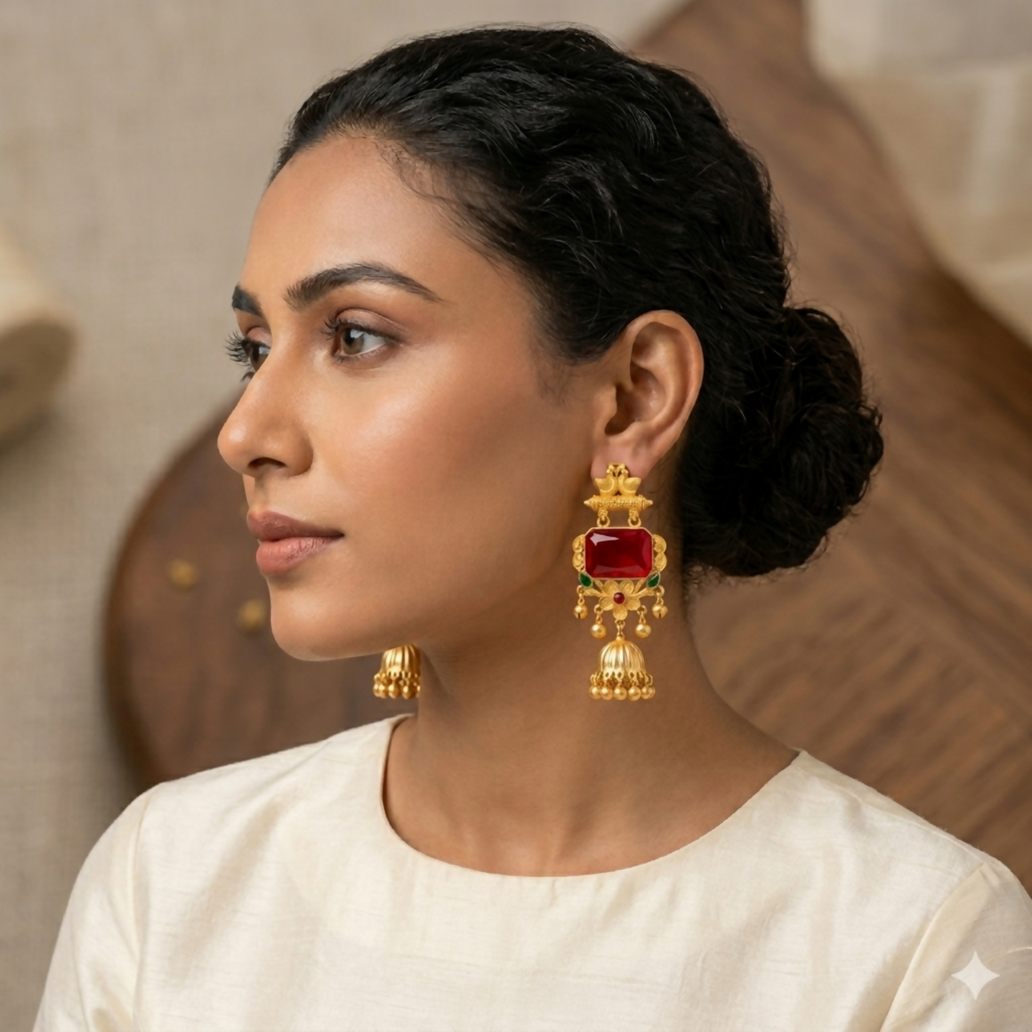 Royal Kashmiri Gold Peacock Jhumka Earrings with Ruby Red Stone & Floral Detailing