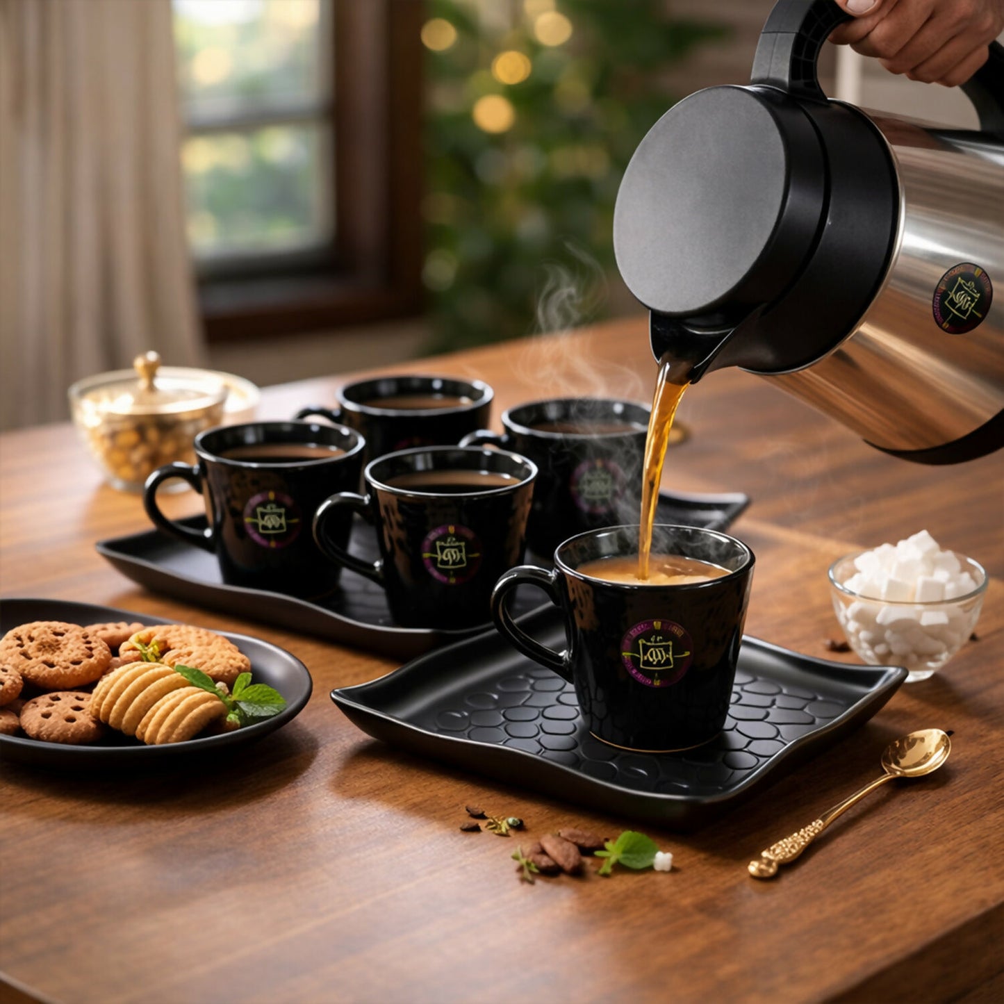 Premium Stainless Steel Tea & Coffee Serving Set with 6 Cups and Tray Set for Home & Office