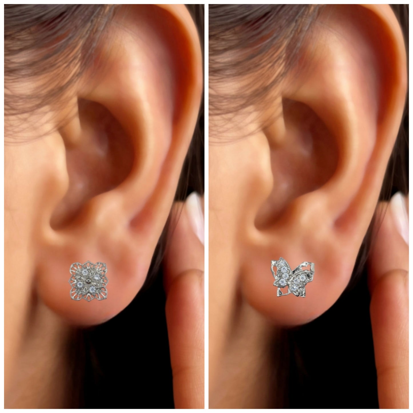 Close-up of elegant zircon square filigree stud earrings sparkling with clear stones