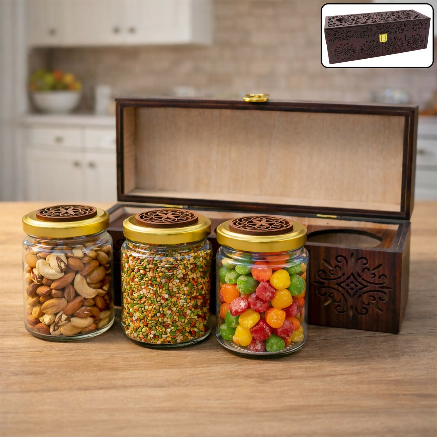 Wooden dry fruit storage box with three clear glass jars and metallic lock