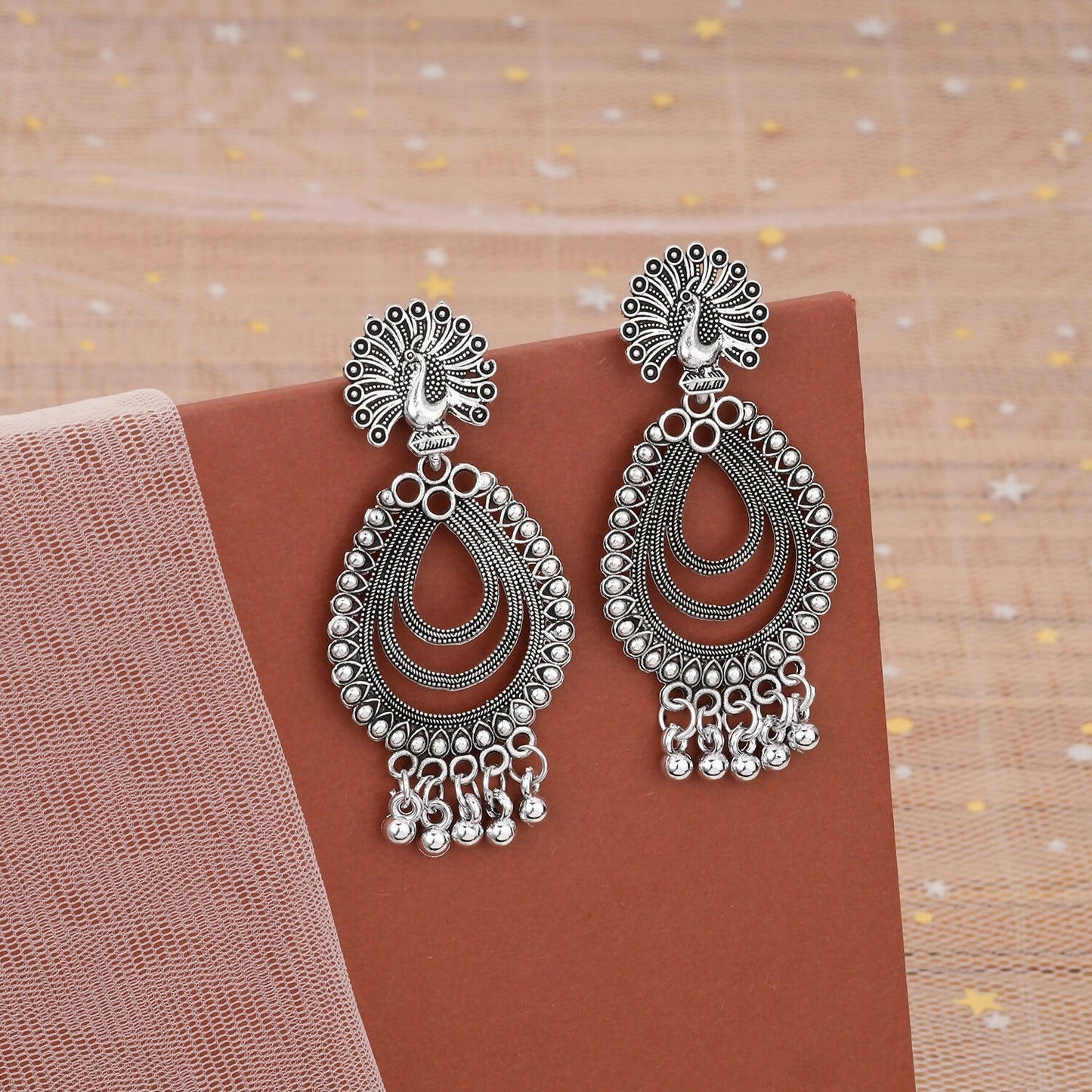 Elegant Peacock Inspired Silver Finish Jhumka Earings