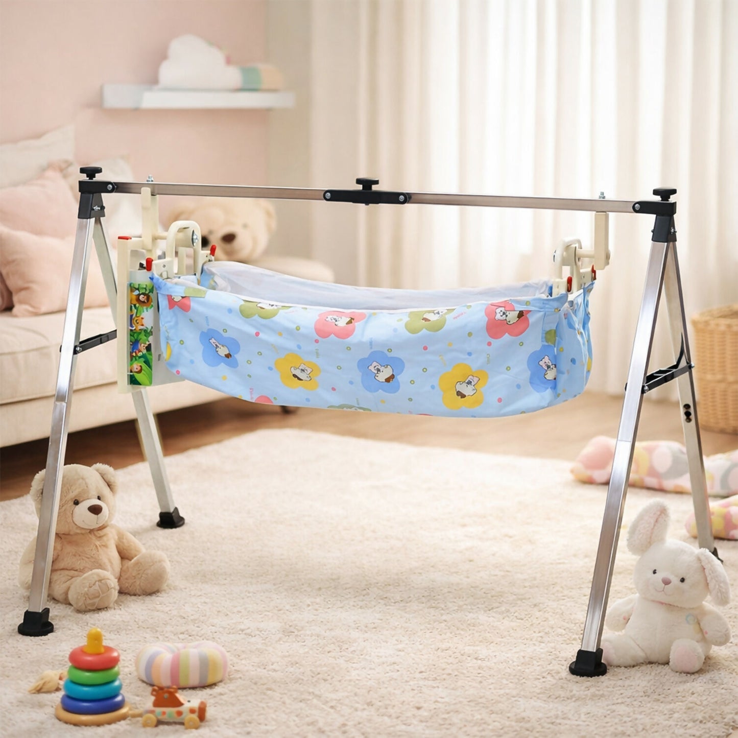 Side view of the portable baby swing with durable foldable stand.