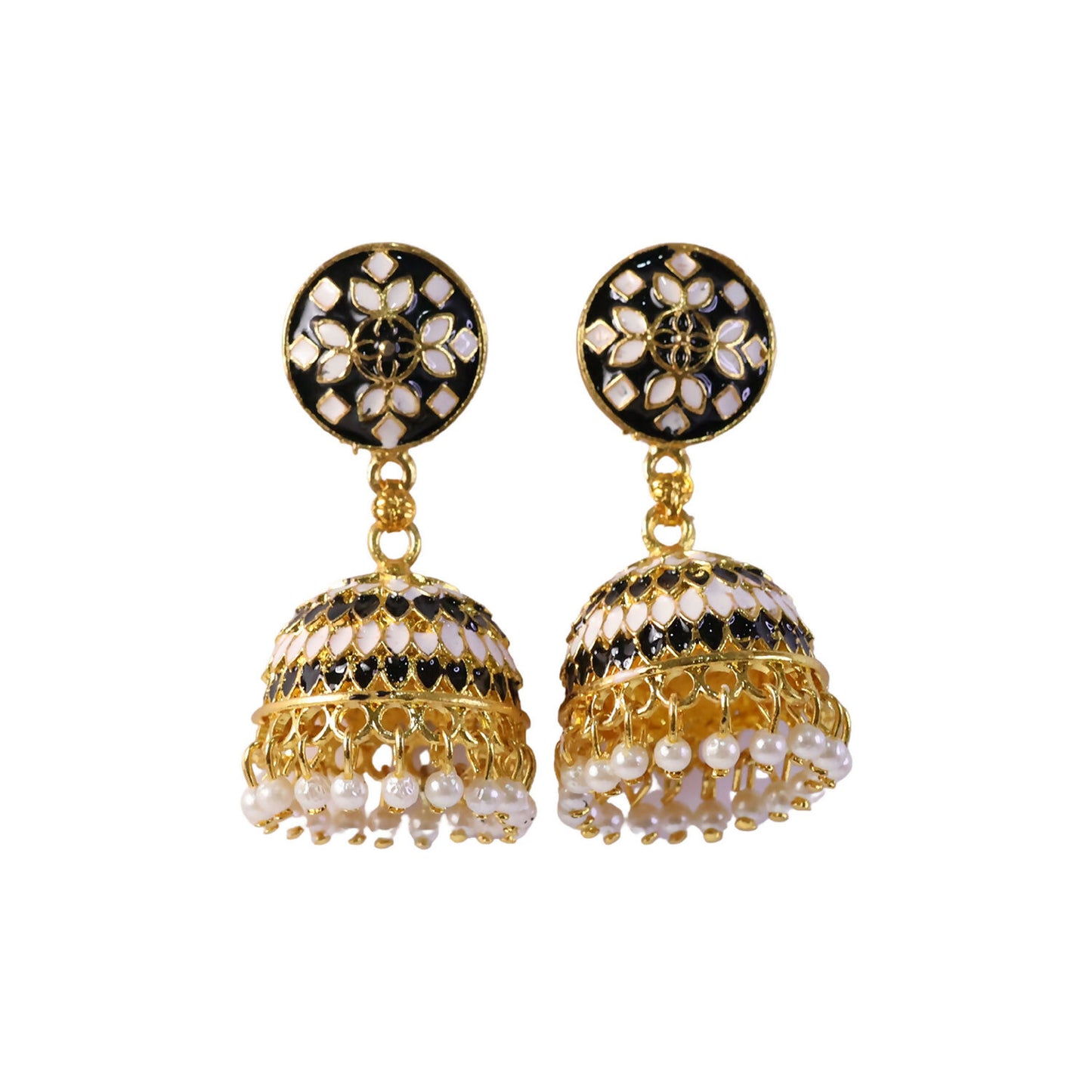 Side view of traditional black jhumka earrings with pearl beads