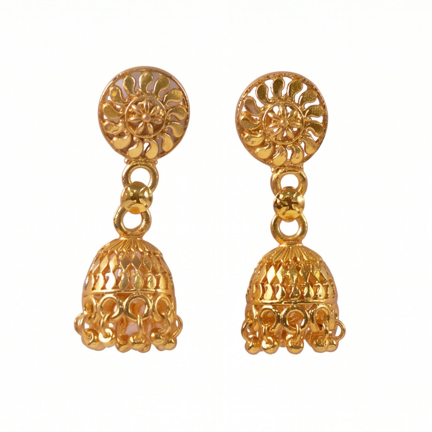 Detailed craftsmanship of gold jhumka earrings with pearls