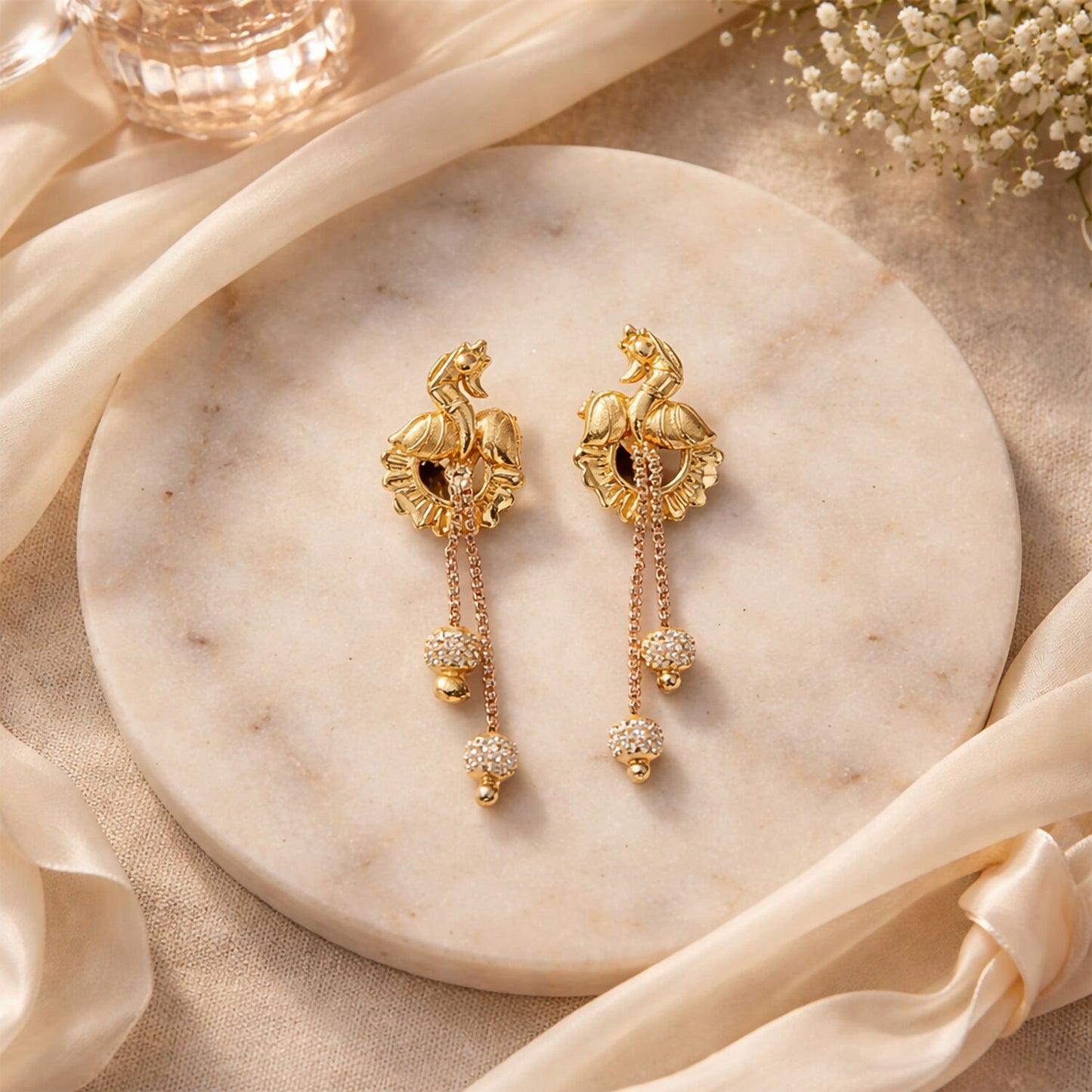 Classic Peacock Gold-Plated Dangling Earrings for Festive Wear (2 Pair)