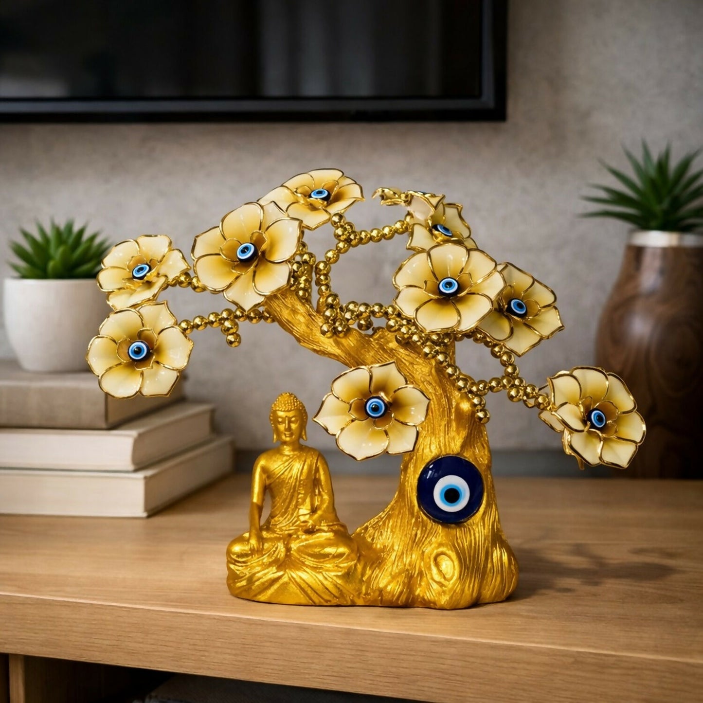 Golden Buddha Tree Showpiece with Yellow Flowers & Evil Eye for Home Decor