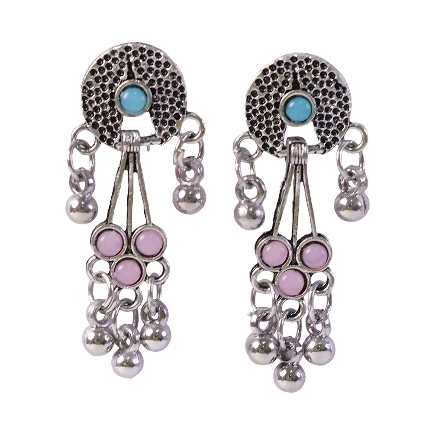 The oxidised silver long drop earrings with pink and turquoise stones and ghungroo bells are isolated on a white background.
