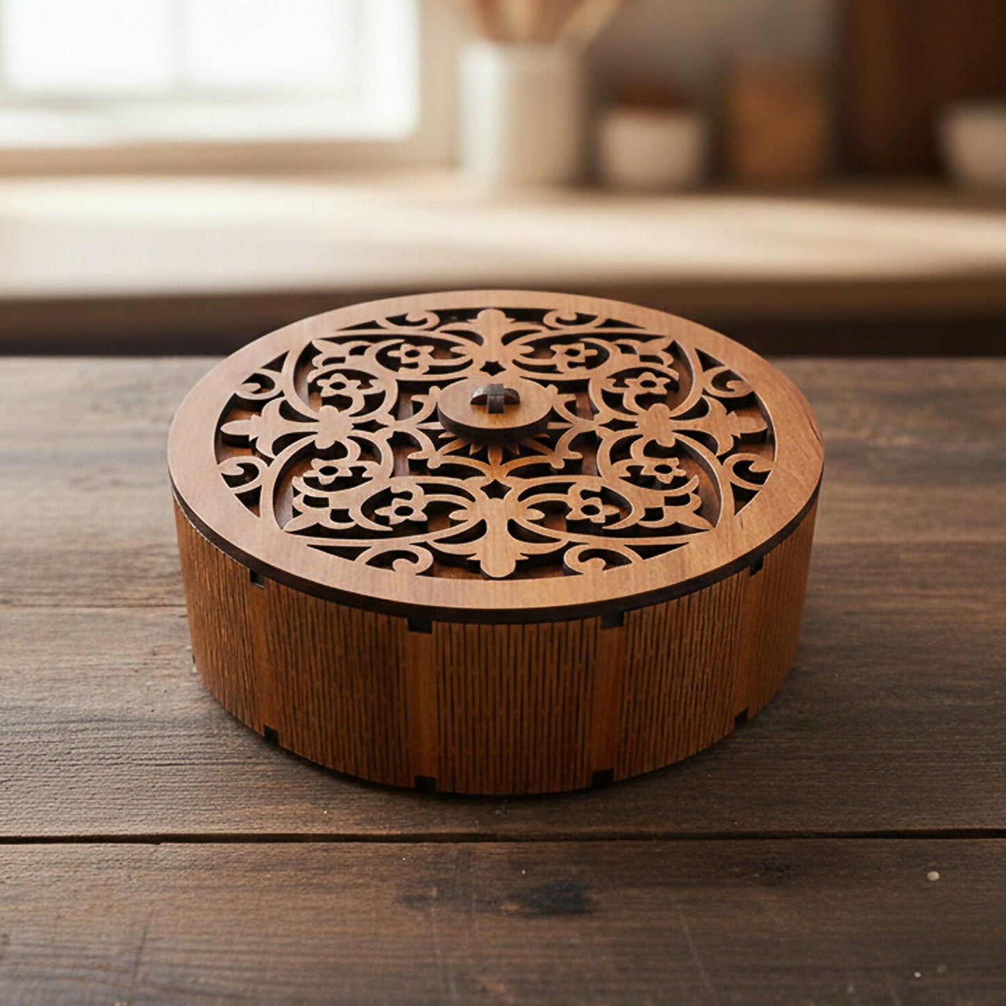 Top view of round decorative dry fruit storage box showcasing separated compartments