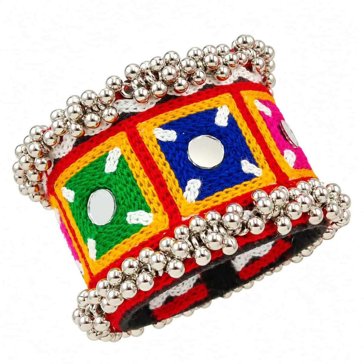 The embroidered kada bracelet, featuring colorful squares, mirrors, and silver beads, is displayed on a white background.
