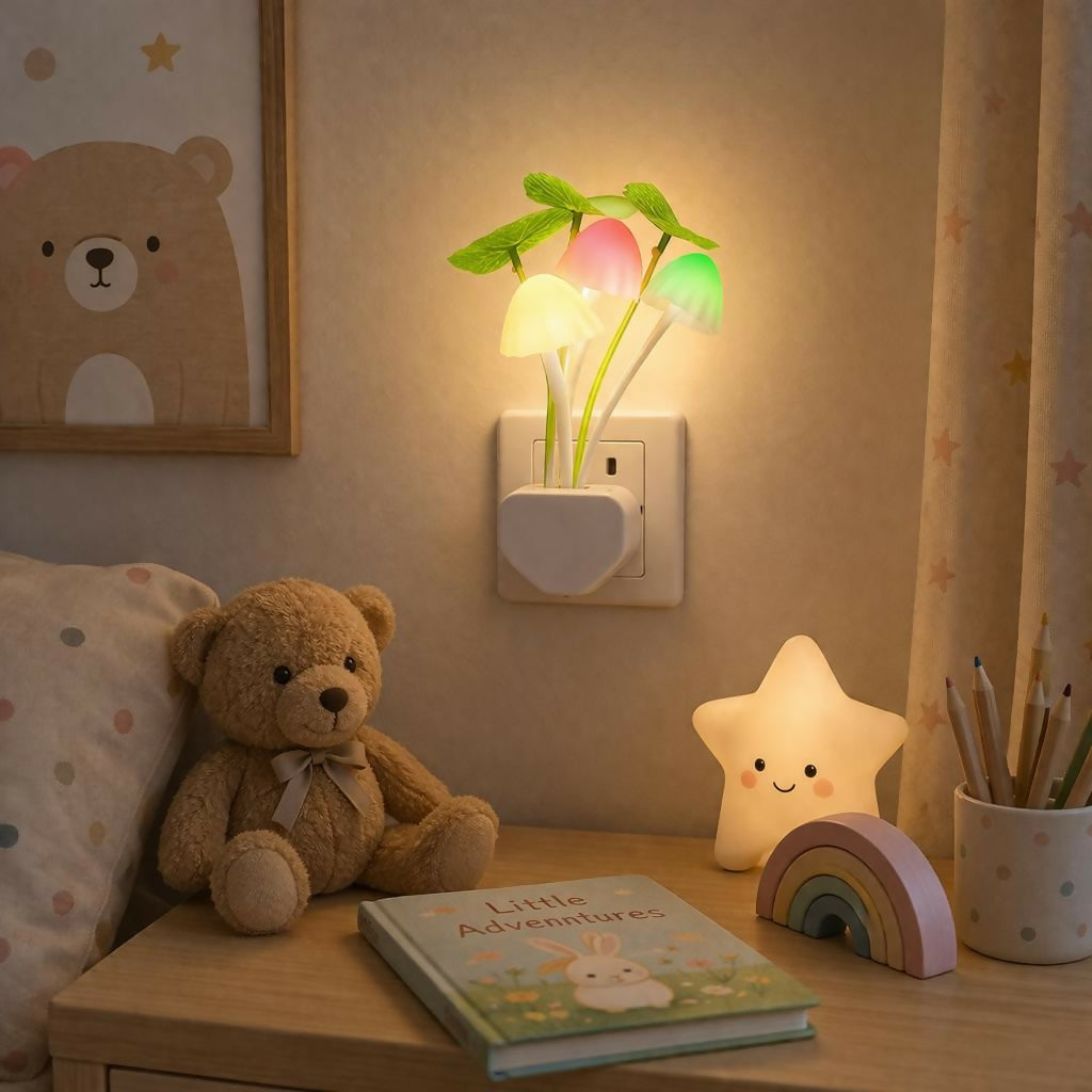 Side view of mushroom LED night light glowing softly