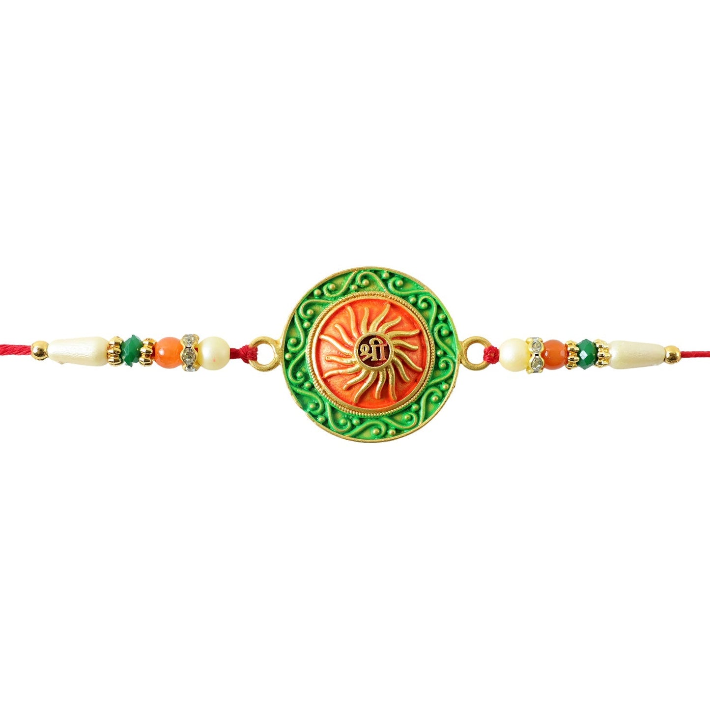 Round Shree Motif Designer Rakhi with Beaded Festive Detailing Work (10pcs)