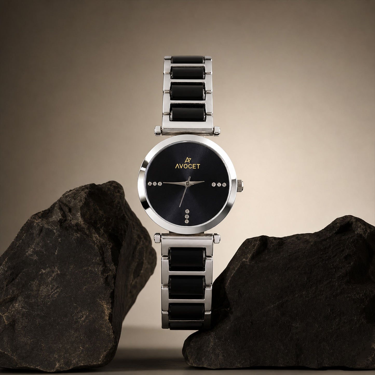 Black Round Shape Dial Watch with Silver Metal Strap Design for Women