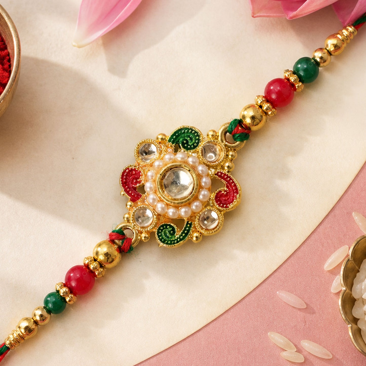 Elegant Rakhi with Floral Medallion and bead line in chain look for Gift Styling