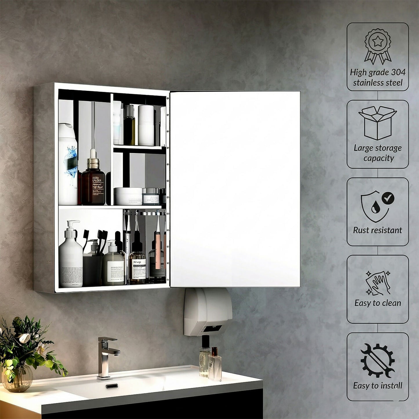 Wall Mounted Mirror Cabinet with Storage, HD Mirror Door Bathroom Organizer with Multi Shelf Storage & Modern Design