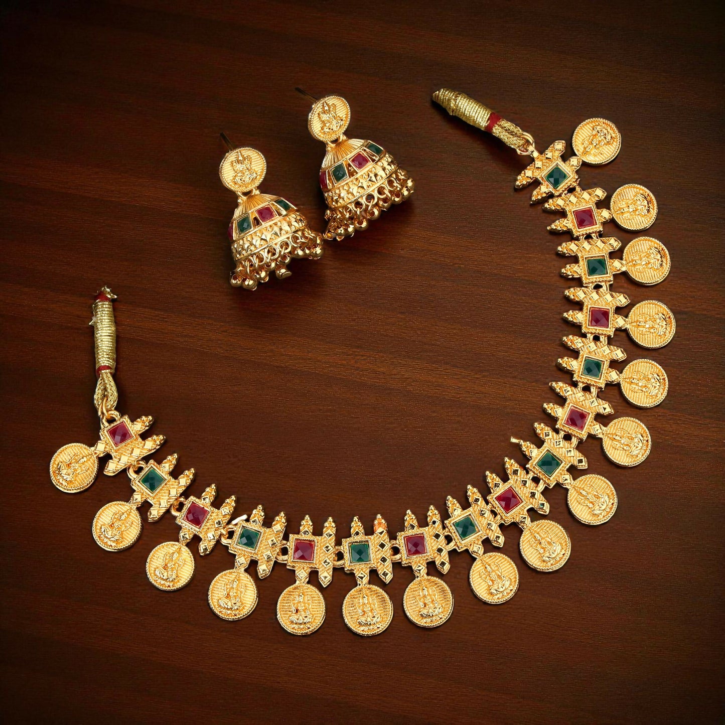 Gold-Tone Traditional Green & Ruby Shield Choker