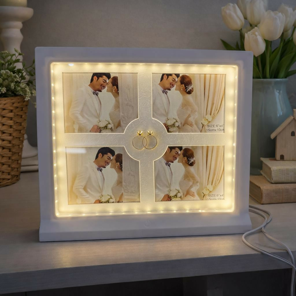 White LED photo frame collage showing four photos with warm glow