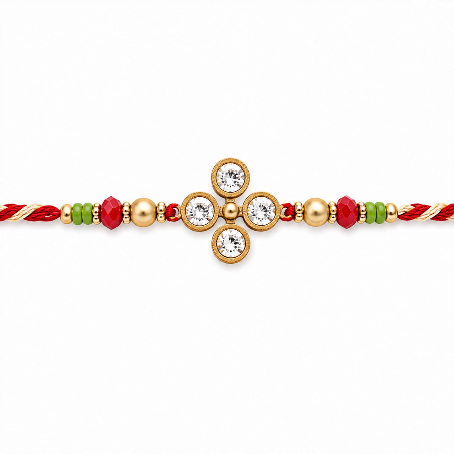Four Crystal Clover Rakhi with Gold Bezels, Roli Chawal Coin and Floral Gift Packing
