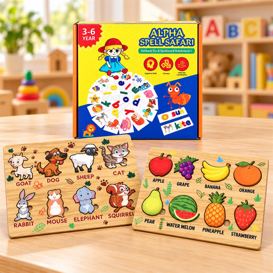 Three wooden puzzles and a colorful box are displayed on a light brown table, showing animals, fruits, and letters.