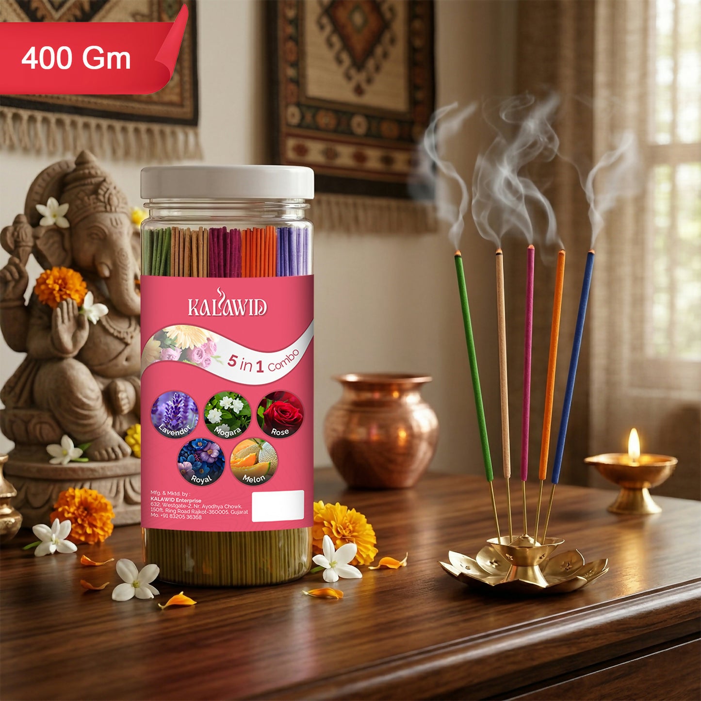 Premium Agarbatti 5 In 1 Combo with Lavender, Mogara, Rose, Royal, Melon Fragrances for Long Lasting Aroma (400 Gm)