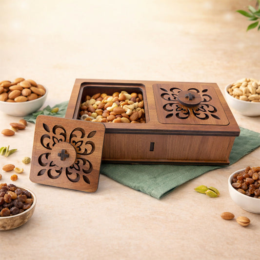 Premium wooden dry fruit box with two compartments and carved floral lid