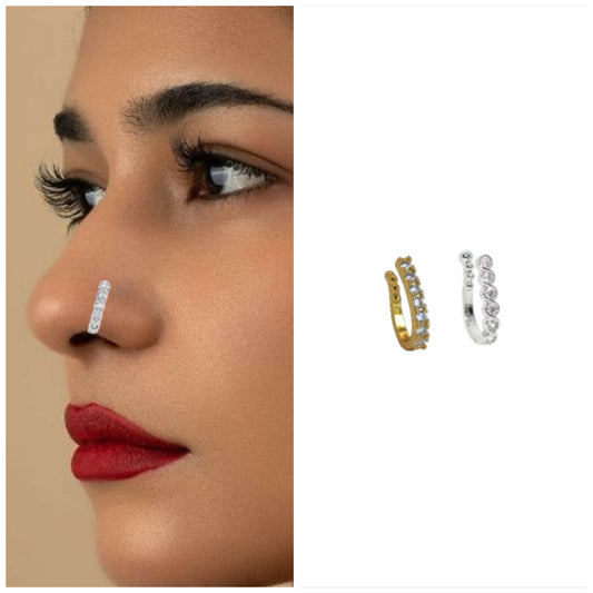 Non-Piercing Nose Cuff Set | CZ Line, Wavy & Floral Nath Combo Pack of 2