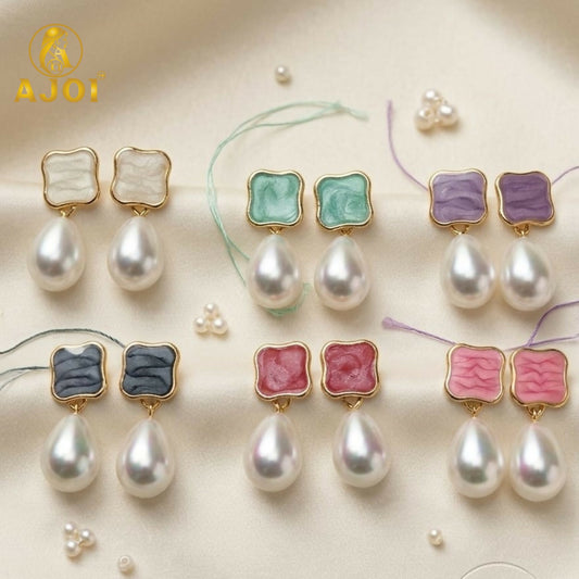 Set of 6 elegant pearl Tilak earrings with pastel enamel tops