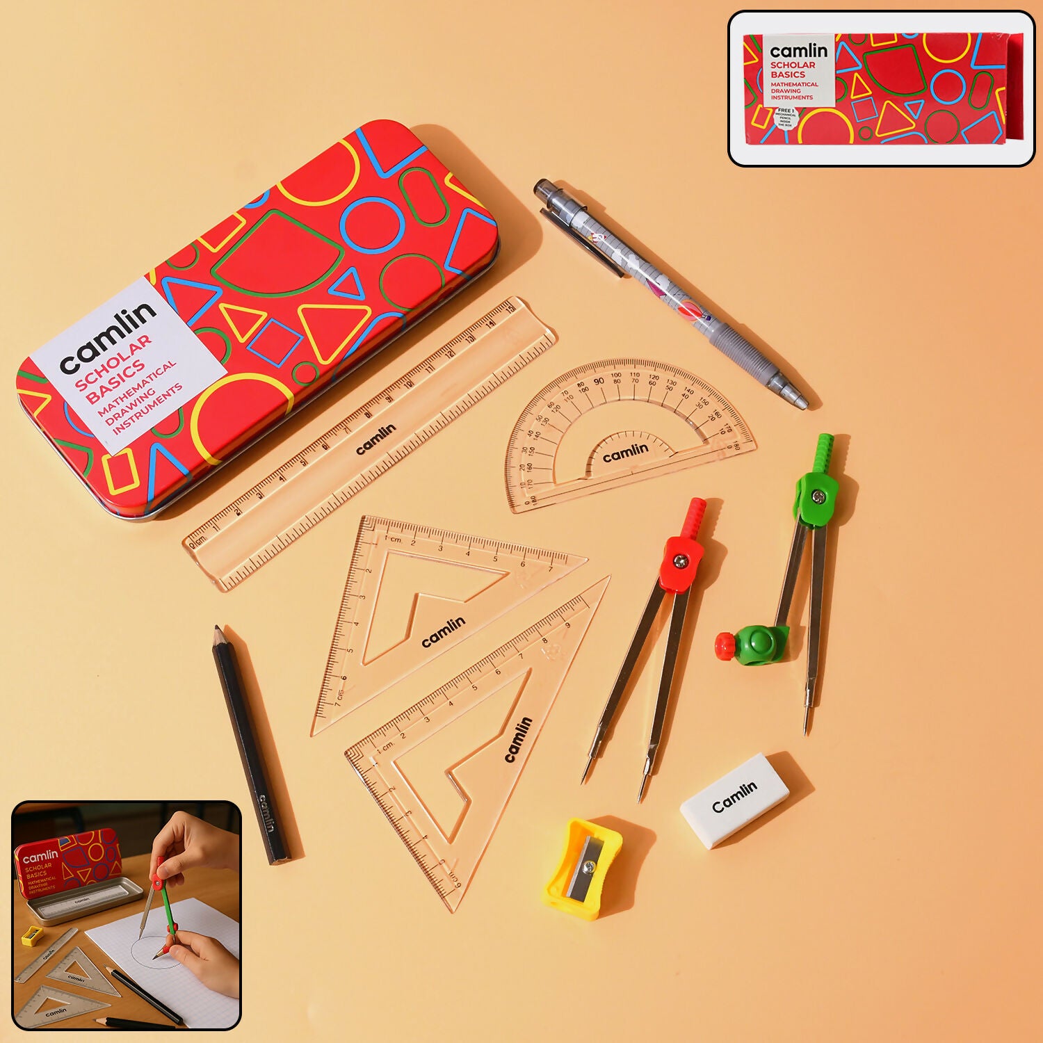 Camlin Scholar Basics Mathematical Instruments Geometry Box – Complete School Compass & Ruler Set
