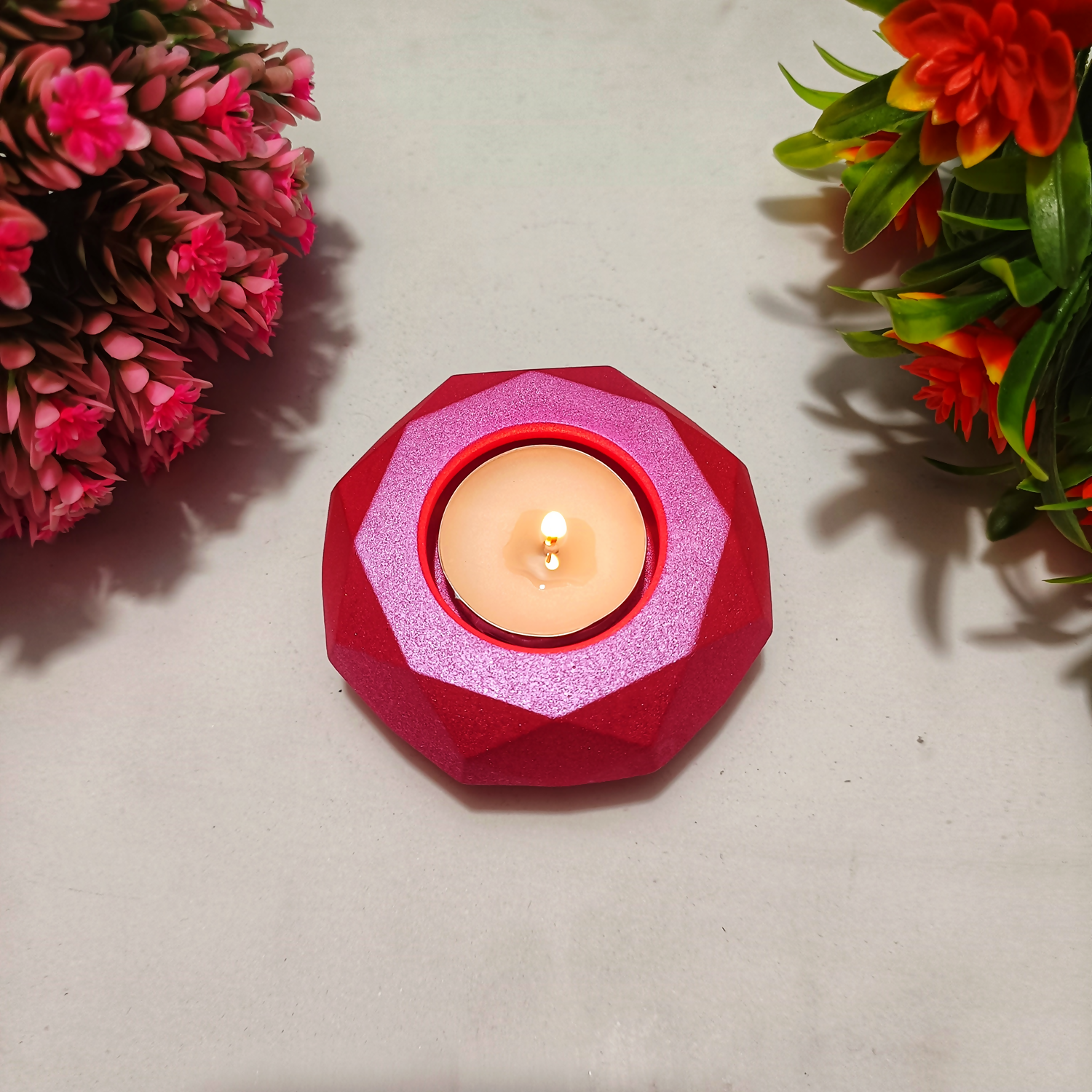 Handmade Diamond Diya – Metallic Pink| Layered Tealight Holder for Diwali, Pooja & Home Décor | Unique Festival Gift Item