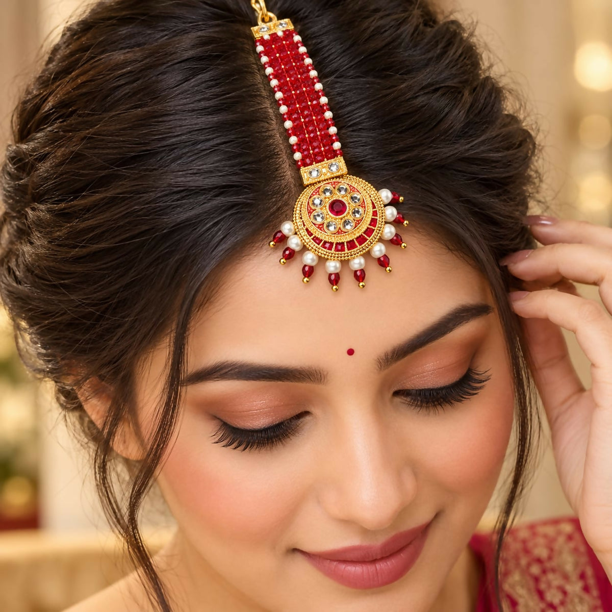 A woman with dark hair and a bindi wears a gold-plated maang tikka with red and white beads, featuring a circular pendant