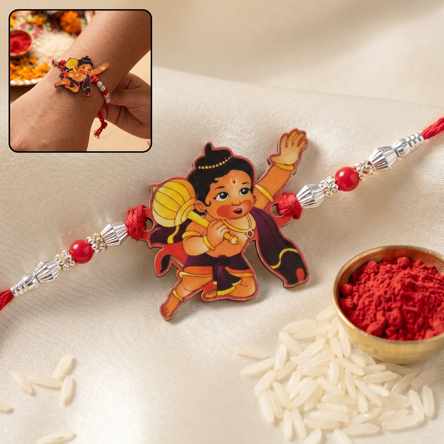 Bal Hanuman Cartoon Rakhi with Red Beads and Silver Chain