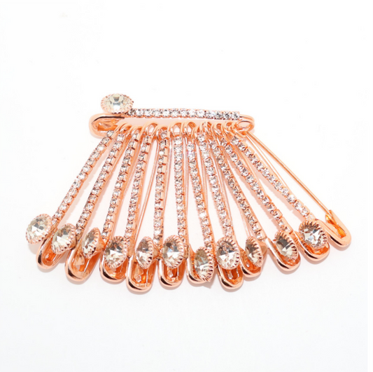 Rose Gold Crystal Saree Pin Brooch - Diamond Effect Scarf Clip & Pin