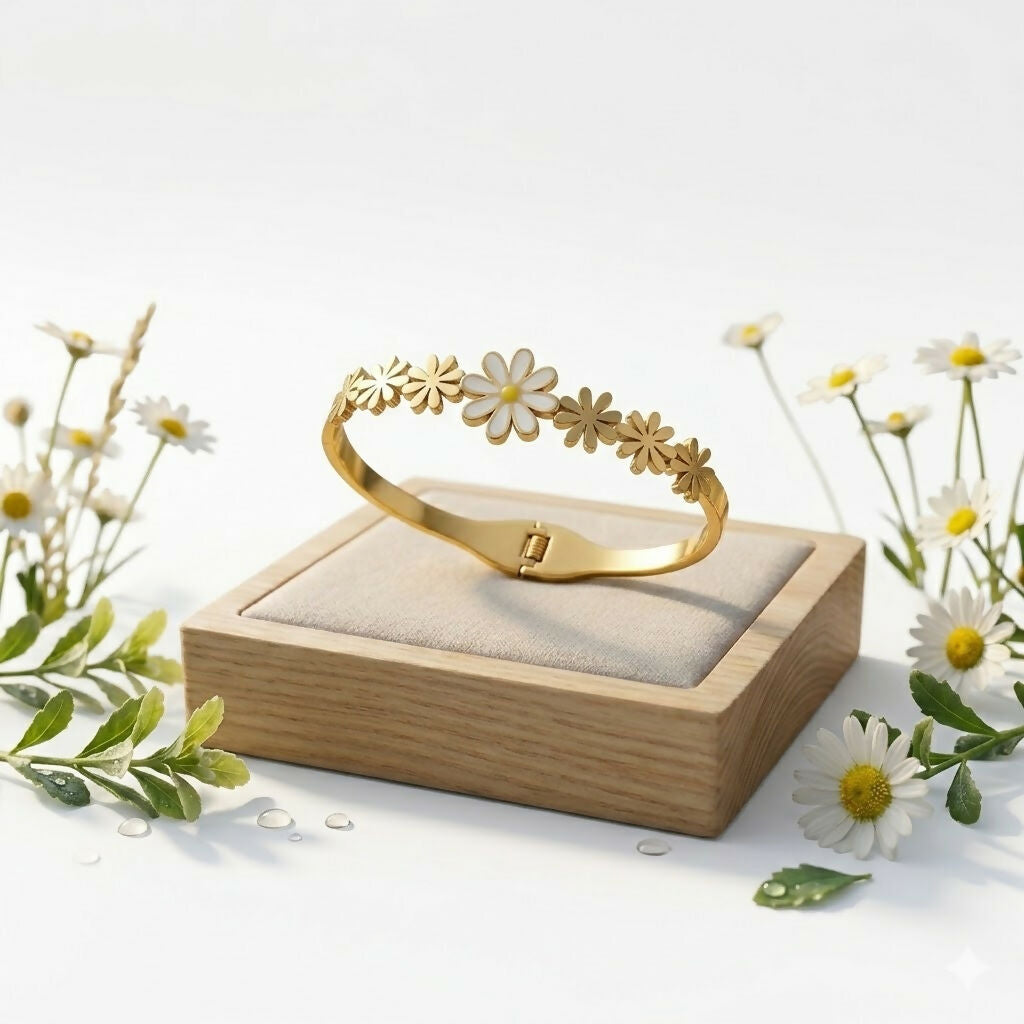 Side view showing linked flower design bracelet