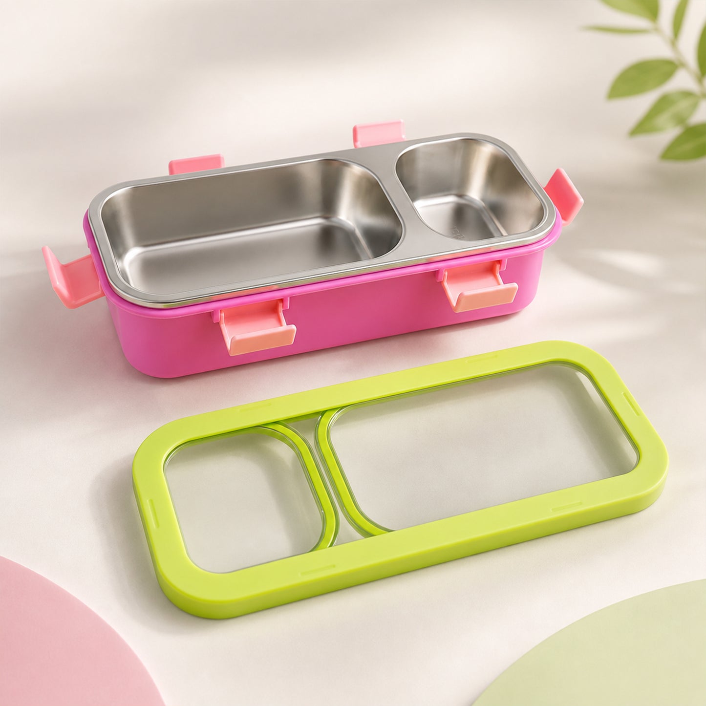 Stainless Steel Leak-Proof Lunch Box with 2 Compartments With Spoon & fork (1 Pc)