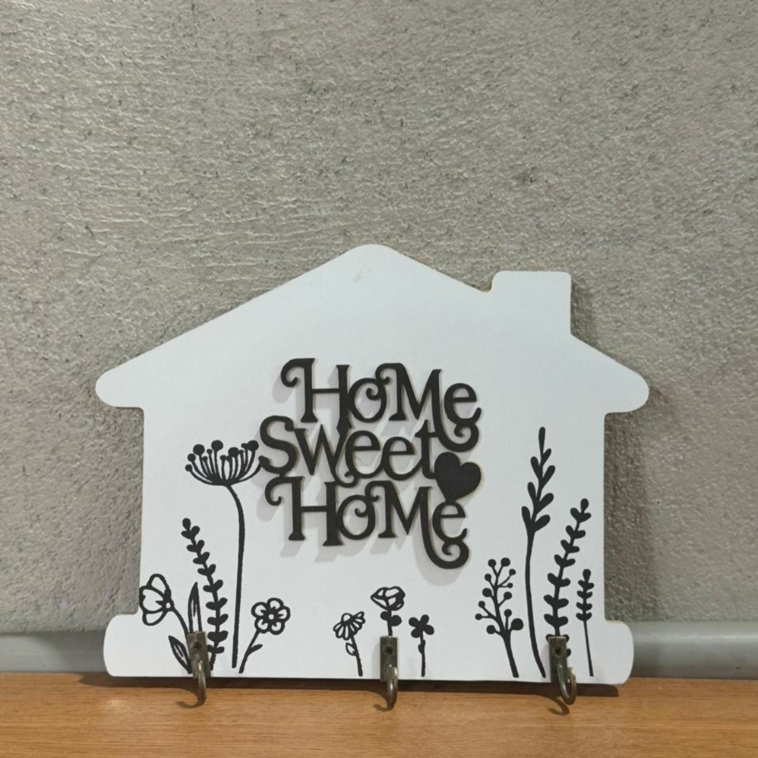 Wooden Wall Mounted Key Holder | Decorative House Shaped Key Hanger with “Home Sweet Home” Design | 3 Metal Hooks for Keys, Jewelry & Accessories | Rustic Modern Wall Décor for Home, Entryway & Living Room