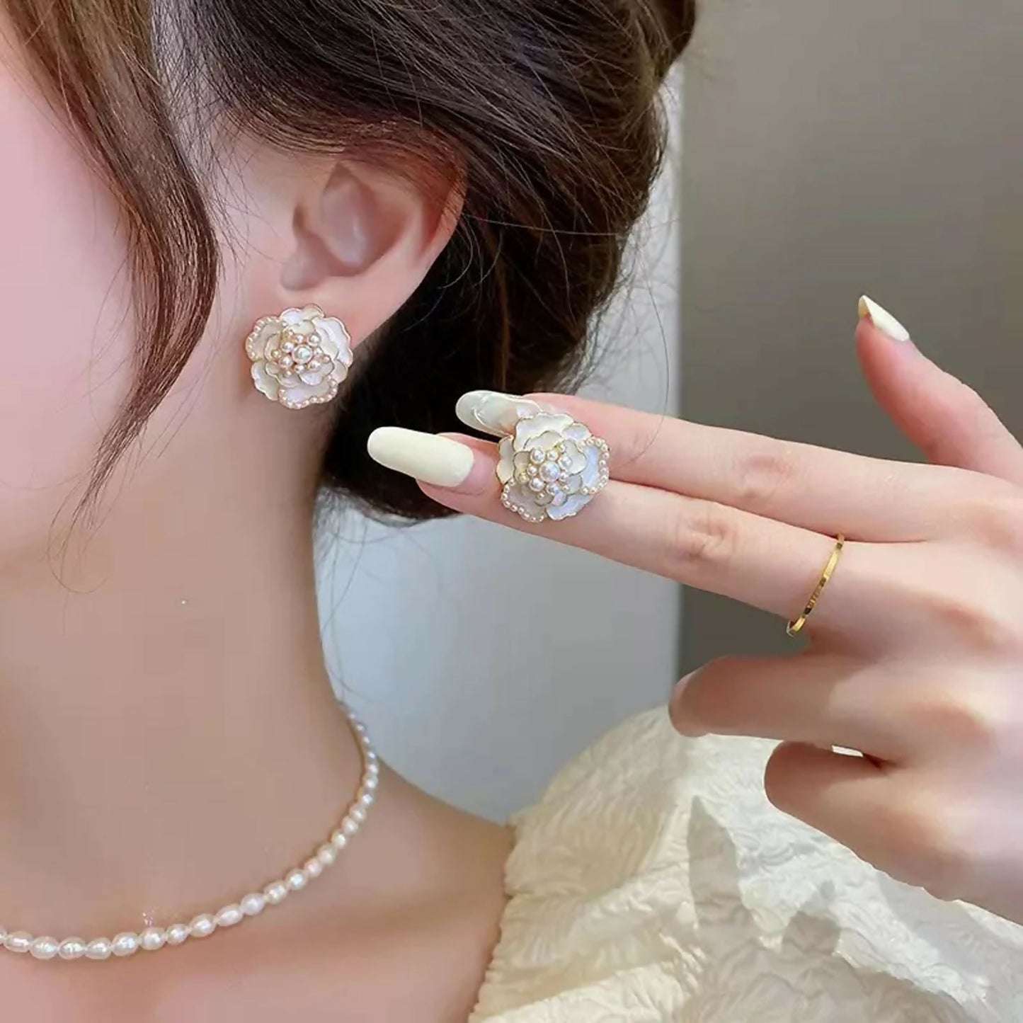 Elegant White Floral Studs with Micro-Pearl Accents – Chic Korean Style Jewelry
