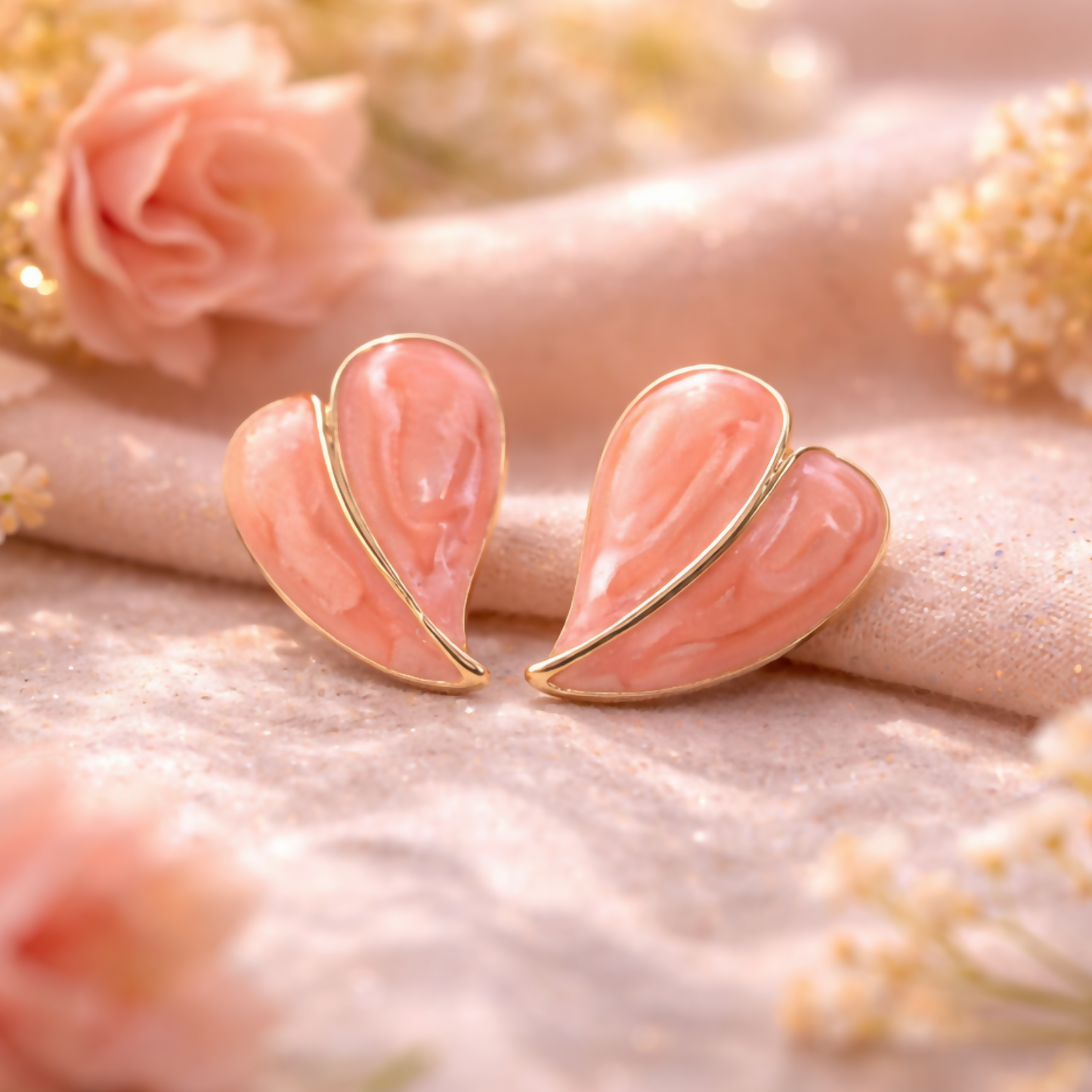 Elegant Peach Glossy Leaf Design Stud Earrings with Gold Finish for Women