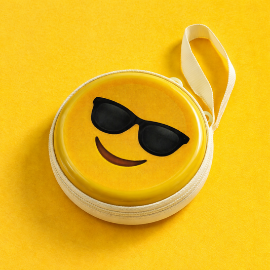 Emoji print round coin pouch with zipper and wrist strap on white background