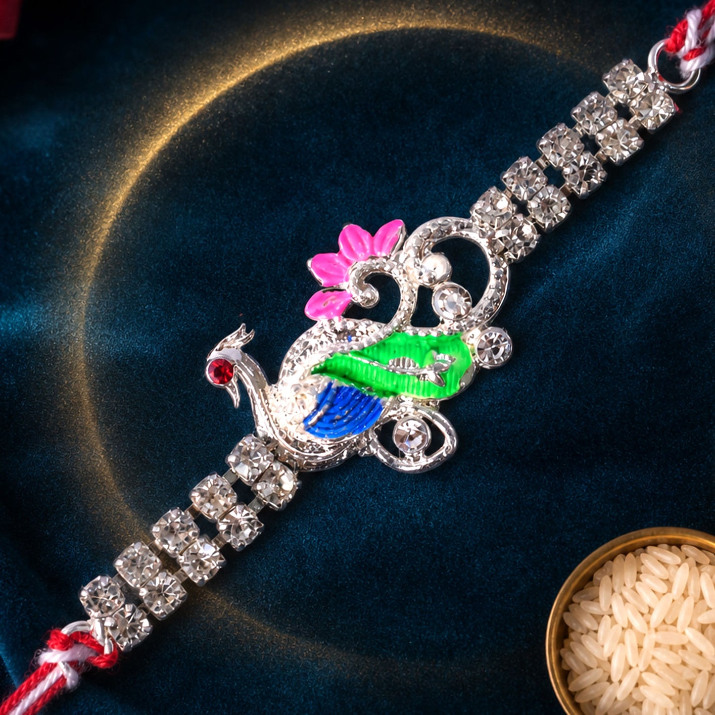Classic Rakhi with Peacock Swirl Charm, crystal sparkle and thread look for Gifting