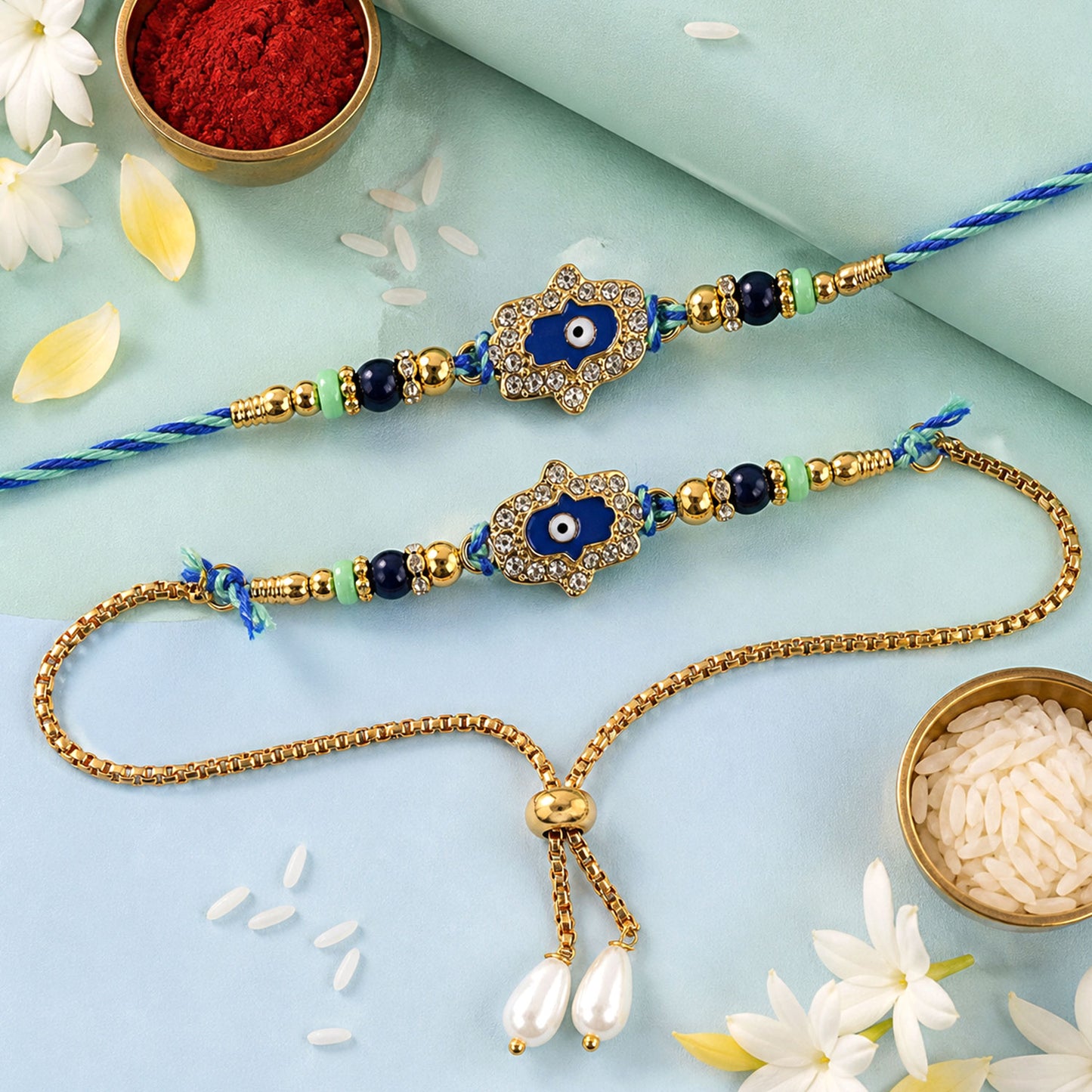 Premium Evil Eye Crystal Studded Beads Bhai Bhabhi Rakhi Lumba Set